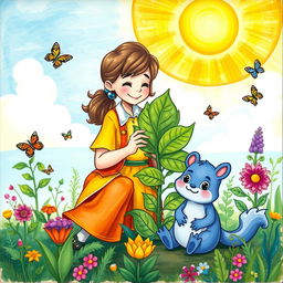 A colorful, whimsical drawing depicting a young herbalist in a fantasy setting, tending to a vibrant garden filled with magical plants and herbs