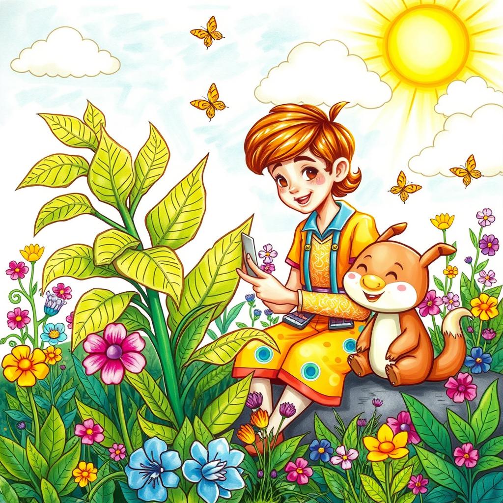 A colorful, whimsical drawing depicting a young herbalist in a fantasy setting, tending to a vibrant garden filled with magical plants and herbs