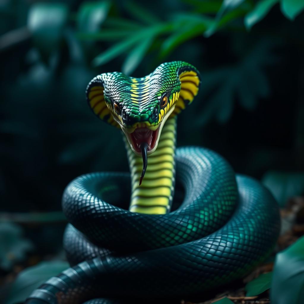 A fierce and angry cobra, coiling its body in an aggressive posture