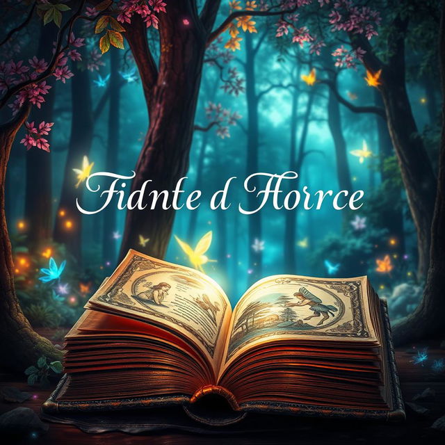 A stunning and captivating book cover featuring a mystical forest scene with vibrant colors, ethereal lighting, and enchanting creatures like fairies and magical animals