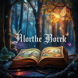 A stunning and captivating book cover featuring a mystical forest scene with vibrant colors, ethereal lighting, and enchanting creatures like fairies and magical animals