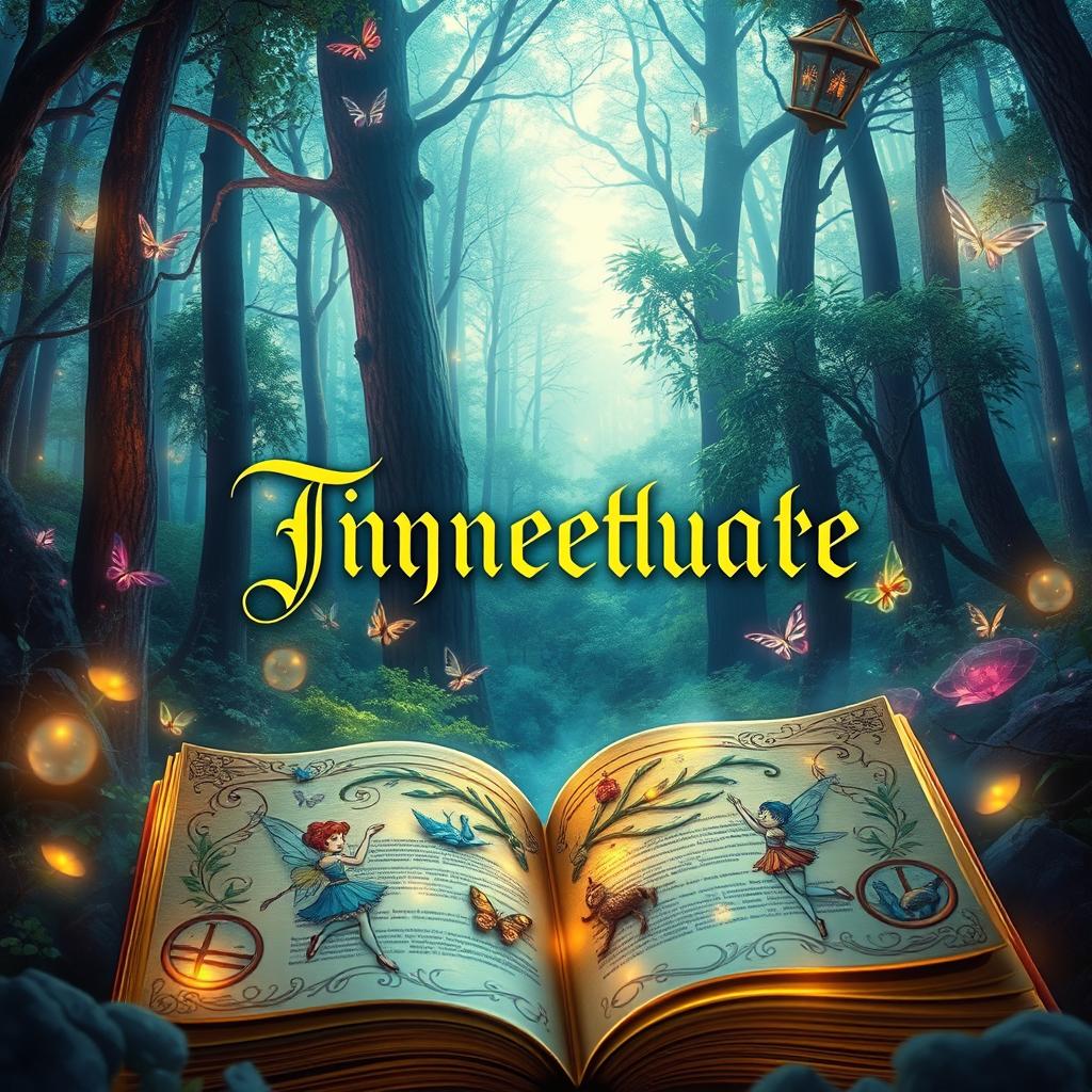 A stunning and captivating book cover featuring a mystical forest scene with vibrant colors, ethereal lighting, and enchanting creatures like fairies and magical animals