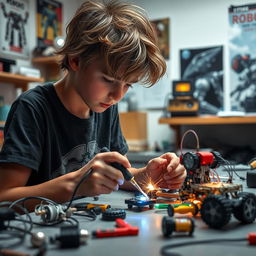 A captivating scene of a teenage boy focused on building a robot in his workshop