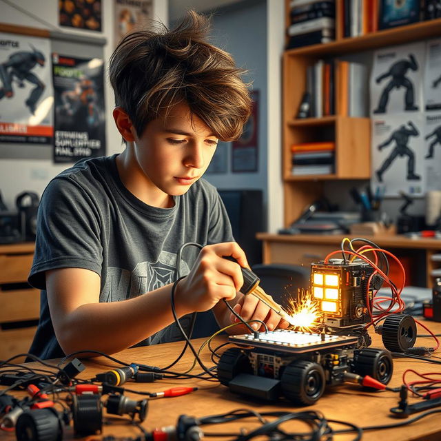 A captivating scene of a teenage boy focused on building a robot in his workshop