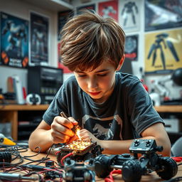 A captivating scene of a teenage boy focused on building a robot in his workshop