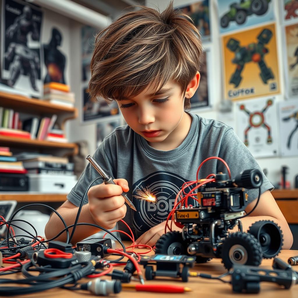 A captivating scene of a teenage boy focused on building a robot in his workshop