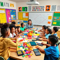 A vibrant and engaging classroom scene focused on learning math, featuring diverse students of various ethnic backgrounds enthusiastically participating in interactive activities