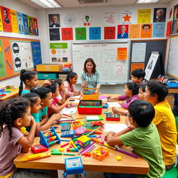 A vibrant and engaging classroom scene focused on learning math, featuring diverse students of various ethnic backgrounds enthusiastically participating in interactive activities