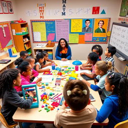 A vibrant and engaging classroom scene focused on learning math, featuring diverse students of various ethnic backgrounds enthusiastically participating in interactive activities