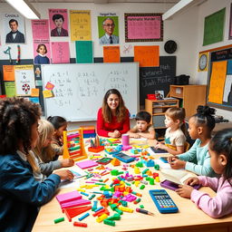 A vibrant and engaging classroom scene focused on learning math, featuring diverse students of various ethnic backgrounds enthusiastically participating in interactive activities