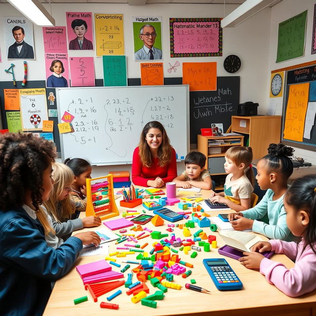 A vibrant and engaging classroom scene focused on learning math, featuring diverse students of various ethnic backgrounds enthusiastically participating in interactive activities