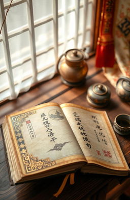 An ancient Chinese book resting on a wooden table, showcasing intricate gold leaf designs on the cover and as well as calligraphic scripts on the pages