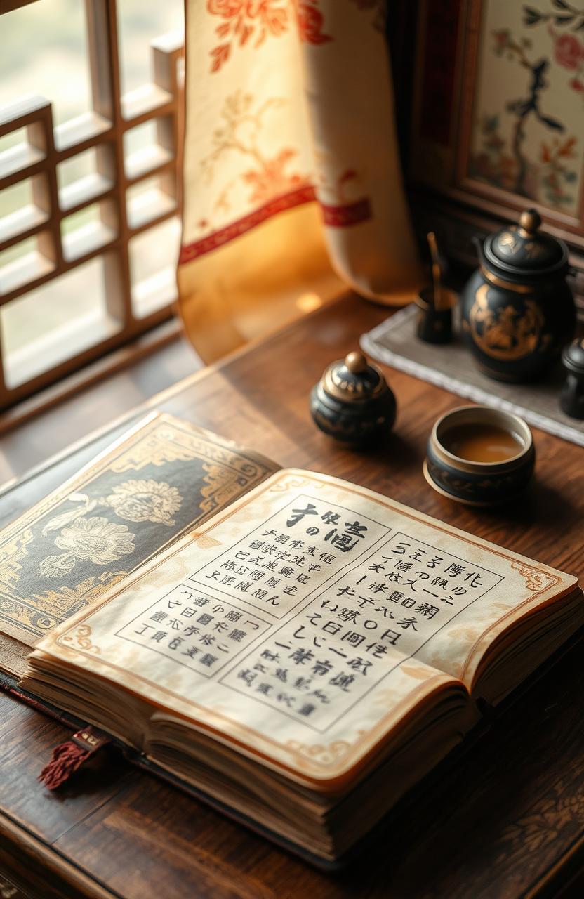 An ancient Chinese book resting on a wooden table, showcasing intricate gold leaf designs on the cover and as well as calligraphic scripts on the pages