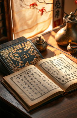 An ancient Chinese book resting on a wooden table, showcasing intricate gold leaf designs on the cover and as well as calligraphic scripts on the pages