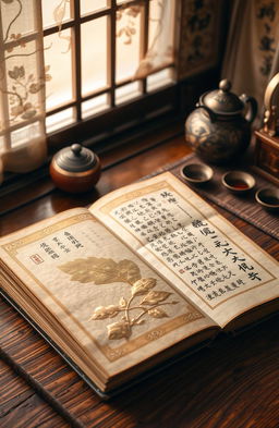 An ancient Chinese book resting on a wooden table, showcasing intricate gold leaf designs on the cover and as well as calligraphic scripts on the pages