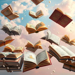 A visually stunning and artistic representation of a whimsical scene featuring an array of colorful books falling gently like rain