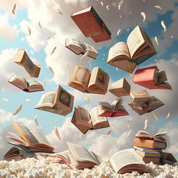 A visually stunning and artistic representation of a whimsical scene featuring an array of colorful books falling gently like rain