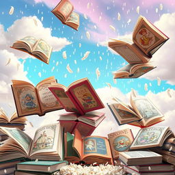 A visually stunning and artistic representation of a whimsical scene featuring an array of colorful books falling gently like rain