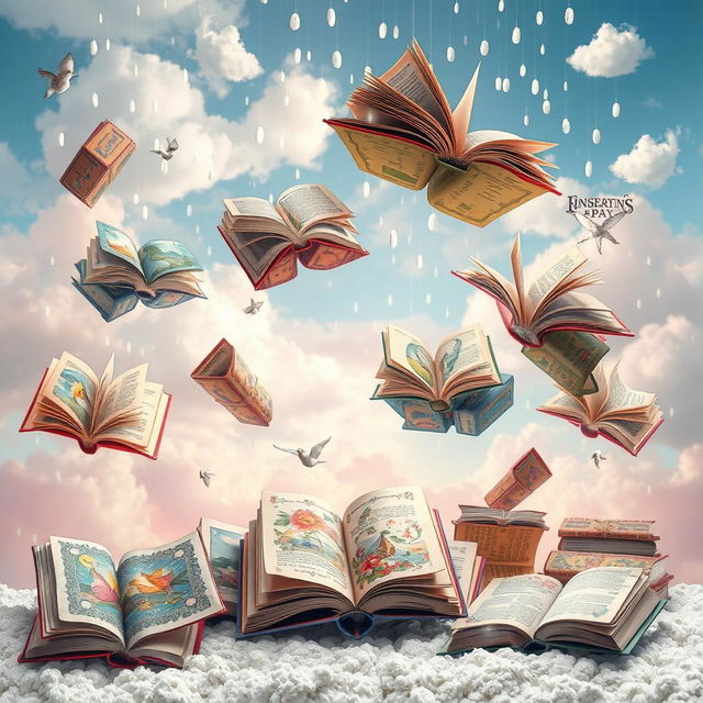 A visually stunning and artistic representation of a whimsical scene featuring an array of colorful books falling gently like rain