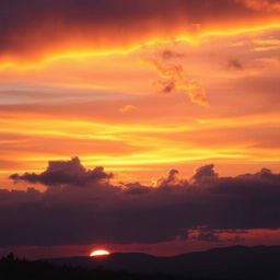 A breathtaking sunset illuminated sky with vibrant hues of orange, pink, and purple blending together, fluffy clouds catching the warm light, and a serene landscape below