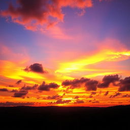 A breathtaking sunset illuminated sky with vibrant hues of orange, pink, and purple blending together, fluffy clouds catching the warm light, and a serene landscape below