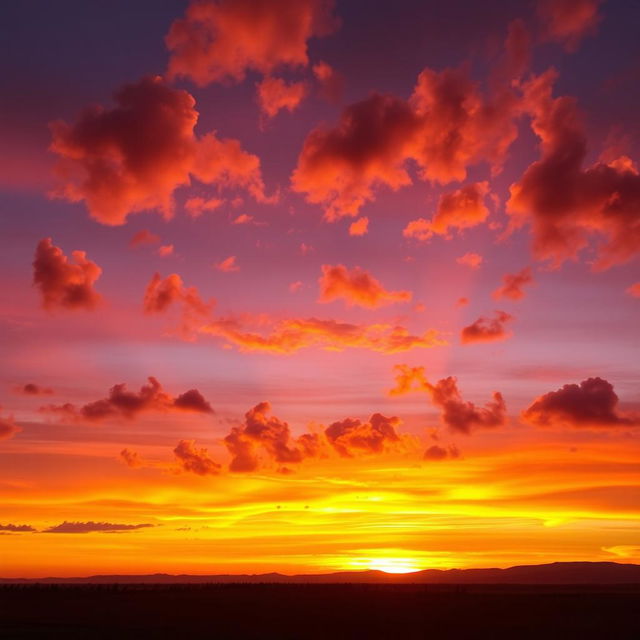 A breathtaking sunset illuminated sky with vibrant hues of orange, pink, and purple blending together, fluffy clouds catching the warm light, and a serene landscape below