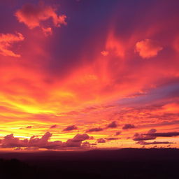 A breathtaking sunset illuminated sky with vibrant hues of orange, pink, and purple blending together, fluffy clouds catching the warm light, and a serene landscape below