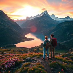 A stunning pro photograph of a breathtaking landscape featuring majestic mountains with snow-capped peaks, lush green valleys filled with colorful wildflowers, and a crystal-clear lake reflecting the vibrant sky at sunset