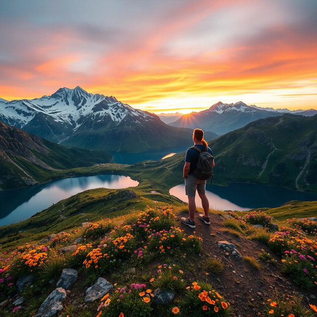 A stunning pro photograph of a breathtaking landscape featuring majestic mountains with snow-capped peaks, lush green valleys filled with colorful wildflowers, and a crystal-clear lake reflecting the vibrant sky at sunset