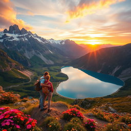 A stunning pro photograph of a breathtaking landscape featuring majestic mountains with snow-capped peaks, lush green valleys filled with colorful wildflowers, and a crystal-clear lake reflecting the vibrant sky at sunset