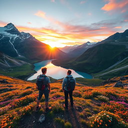 A stunning pro photograph of a breathtaking landscape featuring majestic mountains with snow-capped peaks, lush green valleys filled with colorful wildflowers, and a crystal-clear lake reflecting the vibrant sky at sunset
