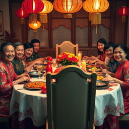 A beautifully set Tet dining table, showcasing vibrant decorations are all around, with exquisite traditional Tet dishes beautifully arranged
