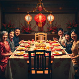 A beautifully set Tet dining table, showcasing vibrant decorations are all around, with exquisite traditional Tet dishes beautifully arranged