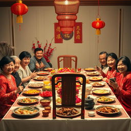 A beautifully set Tet dining table, showcasing vibrant decorations are all around, with exquisite traditional Tet dishes beautifully arranged