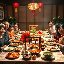 A beautifully set Tet dining table, showcasing vibrant decorations are all around, with exquisite traditional Tet dishes beautifully arranged