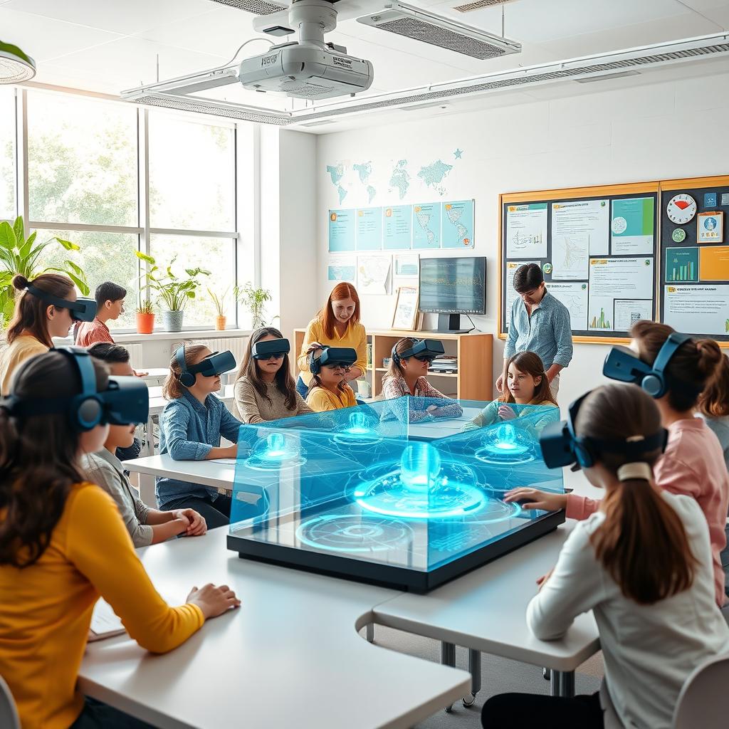 A modern educational classroom of the future, featuring advanced technology and interactive learning tools