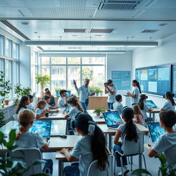 A modern educational classroom of the future, featuring advanced technology and interactive learning tools