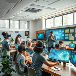 A modern educational classroom of the future, featuring advanced technology and interactive learning tools
