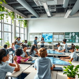A modern educational classroom of the future, featuring advanced technology and interactive learning tools