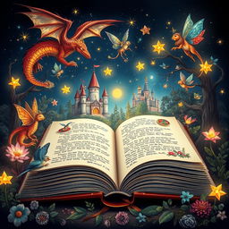 An open book surrounded by whimsical illustrations of vivid fantasy elements like dragons, castles, and magical forests, with glowing stars and playful fairies