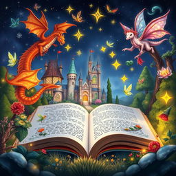 An open book surrounded by whimsical illustrations of vivid fantasy elements like dragons, castles, and magical forests, with glowing stars and playful fairies