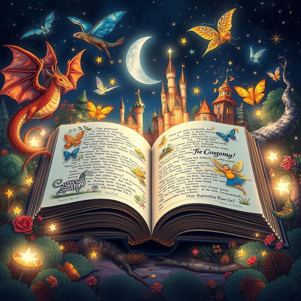 An open book surrounded by whimsical illustrations of vivid fantasy elements like dragons, castles, and magical forests, with glowing stars and playful fairies