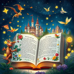 An open book surrounded by whimsical illustrations of vivid fantasy elements like dragons, castles, and magical forests, with glowing stars and playful fairies