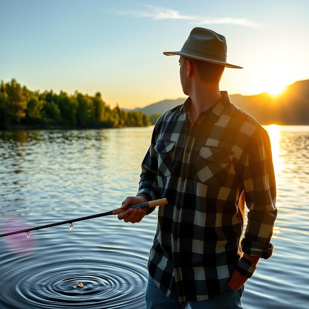 A man standing on a serene lake shore, holding a fishing rod, wearing a casual plaid shirt and a fishing hat