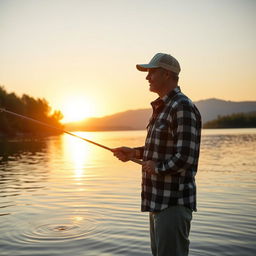 A man standing on a serene lake shore, holding a fishing rod, wearing a casual plaid shirt and a fishing hat