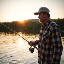 A man standing on a serene lake shore, holding a fishing rod, wearing a casual plaid shirt and a fishing hat