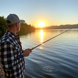 A man standing on a serene lake shore, holding a fishing rod, wearing a casual plaid shirt and a fishing hat