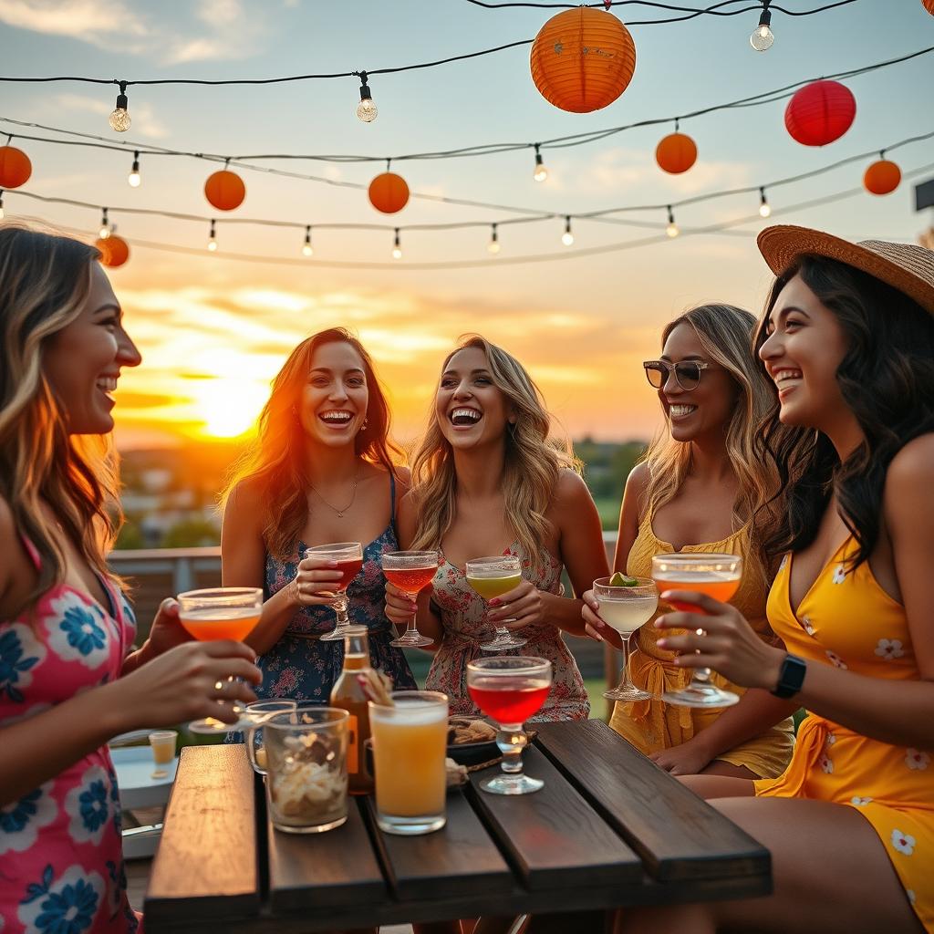 A captivating scene featuring a group of attractive women engaging in a lively and fun outdoor party celebration