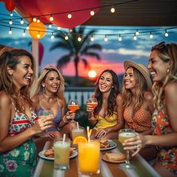 A captivating scene featuring a group of attractive women engaging in a lively and fun outdoor party celebration