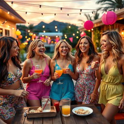 A captivating scene featuring a group of attractive women engaging in a lively and fun outdoor party celebration